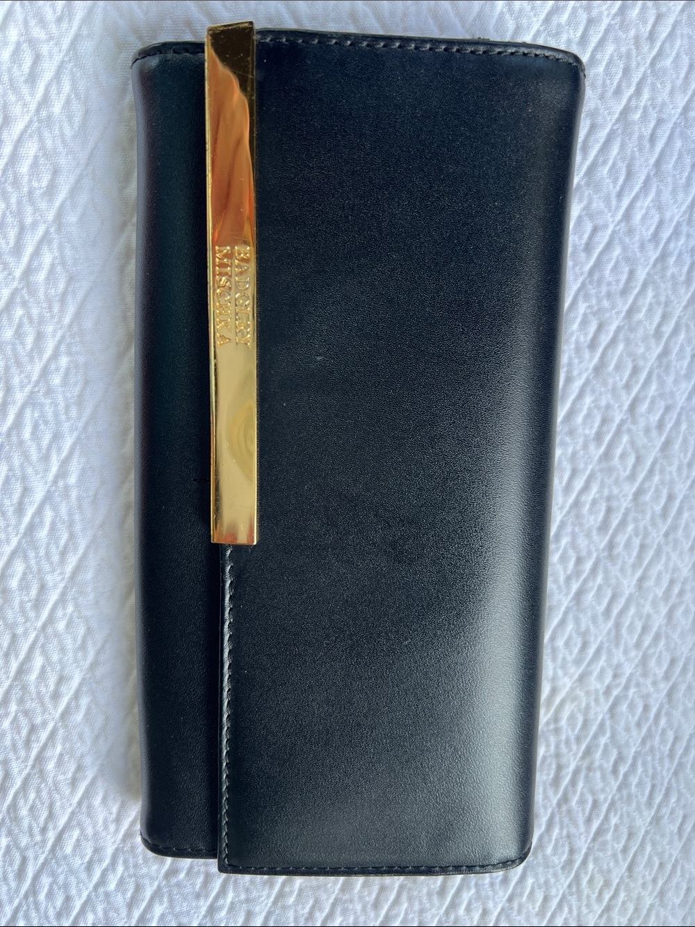 Badgley Mischka Black Leather Wallet with Gold Bar Accent